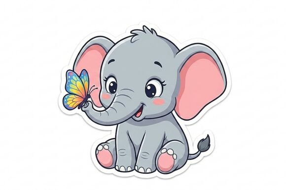 Baby Elephant with Butterfly Sticker PNG