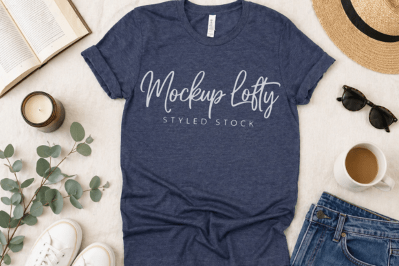 BC3001 Heather Navy Flat Lay Mockup