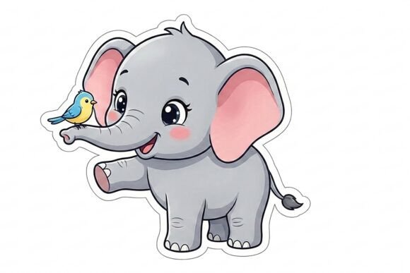 Cute Baby Elephant with Bird on Trunk